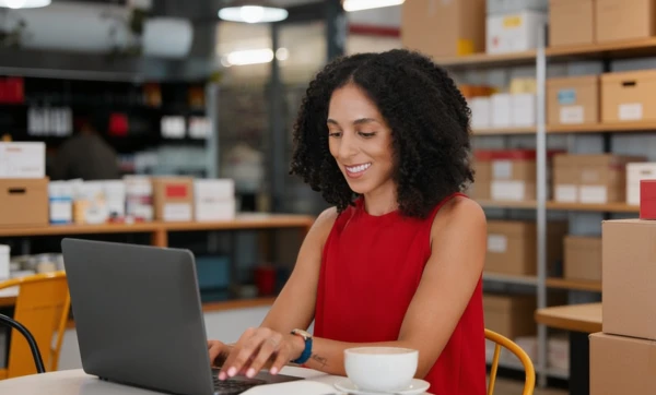 Empreendedora trabalhando em um notebook sobre Como precificar produtos para marketplace considerando taxas e frete, em uma mesa em ambiente de estoque de produtos que ao mesmo tempo se assemelha a um escritório.