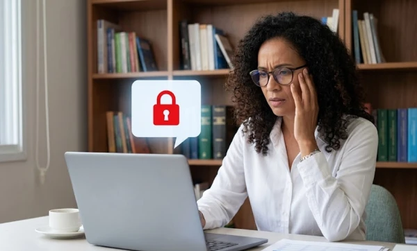 Mulher preocupada em frente ao seu notebook com uma ilustração de cadeado, representando: Responsabilidade por uso indevido do certificado digital: quem responde juridicamente?