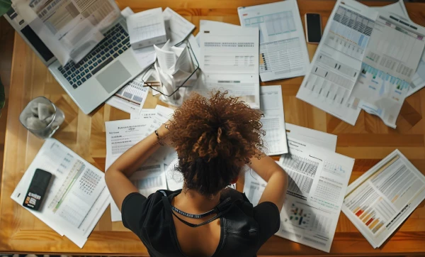 Mulher sobre uma mesa cheia de documentos, representando: Como reduzir multa tributária na microempresa: tudo que a lei permite fazer antes de pagar