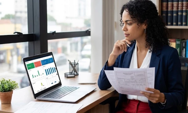 Advogada em seu escritório, pensativa analisando uma planilha em seu notebook, representando: Advogada MEI: pode ser MEI, quais CNAE usar e como emitir nota fiscal