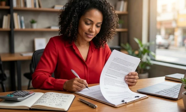 Mulher preenchendo um contrato em seu escritorio, representando: Contrato de prestação de serviços: o que incluir para proteger sua empresa do calote