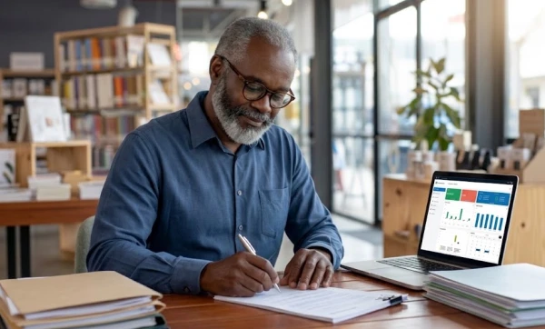 Microempreendedo sentado em seu escritório assinando um documento sobre a mesa, representando: Veja como montar e interpretar a DRE simplificada da sua microempresa e identificar o lucro real com os relatórios do GestãoClick.