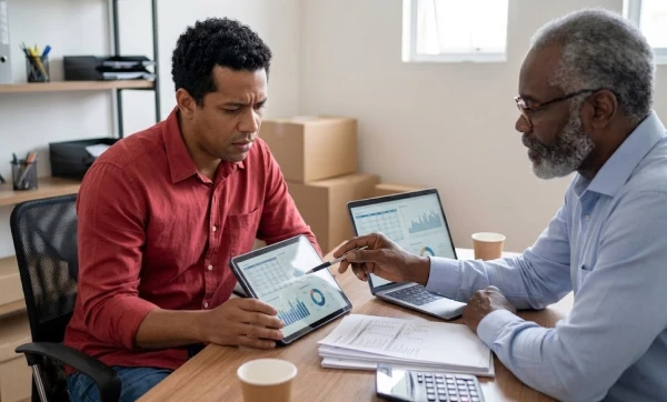Dois homens negociando uma divida, representando: Microempresa endividada: o que o contador pode fazer com os dados do ERP para ajudar na recuperação?