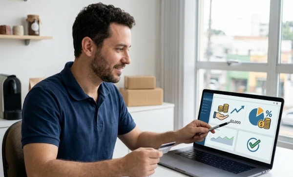 homem analisando uma tabela em seu notebook. representando: Pró-labore e distribuição de lucros: como registrar corretamente no sistema de gestão