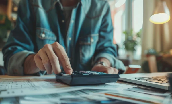 homem digitando em sua calculadora, representando: Antecipação de recebíveis: o que é, quando vale a pena e o que analisar antes de contratar