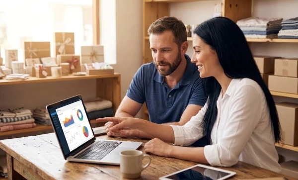 Casal analisando o sistema da gestão click, representando: Retenção na fonte para prestação de serviços: quando reter IR, ISS, INSS e CSLL