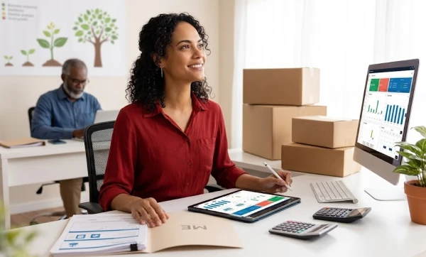 empresaria sentada em sua mesa de escritorio com uma expressão de satisfeita, representando: Transição de MEI para ME: as novas obrigações fiscais que chegam junto com o crescimento