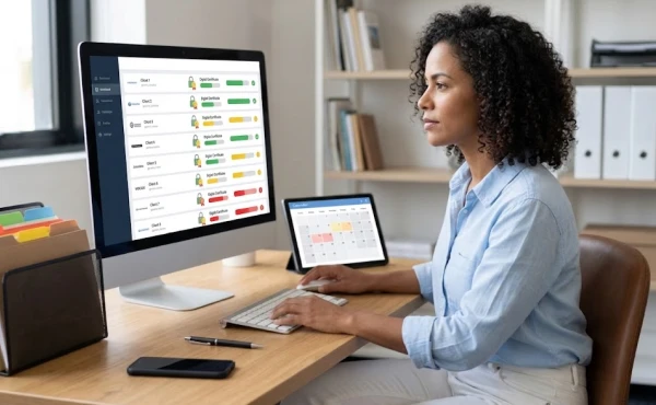 Mulher consultando no sistema da gestão click representando: Como organizar o vencimento dos certificados digitais de vários clientes