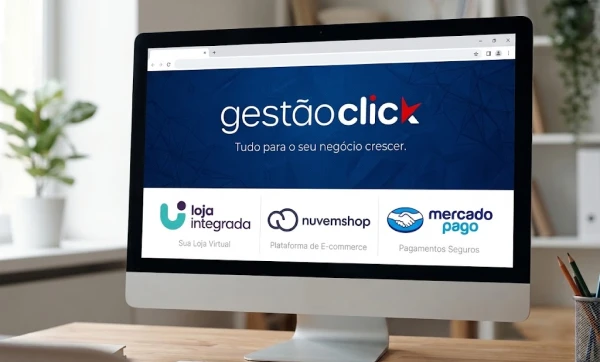 Tela de computador na mesa representando Como integrar e-commerce ao GestãoClick: Loja Integrada, Nuvemshop e Mercado Pago