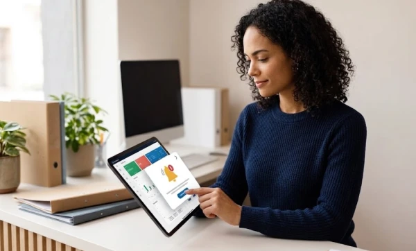 Mulher em seu escritorio analisando o sistema da gestão click pelo seu tablet, representando: Como o ERP reduz inadimplência: cobrança integrada e alertas automáticos
