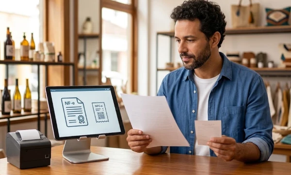 Homem sentando em sua mesa com monitor analisando documento, representando: NFC-e vs NF-e: qual emitir no balcão? Guia para o varejo decidir