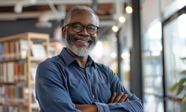 Homem de óculos sorrindo com os braços cruzados representando: Controle financeiro para pequena empresa: o que o ERP automatiza na prática