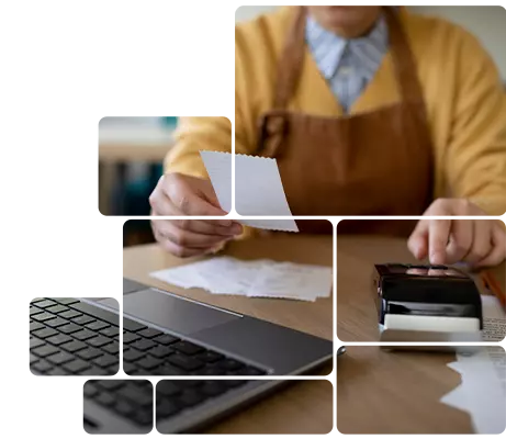 Empreendedor sentado a mesa de escritório usando notebook e maquinha de cartão fazendo a emissão de NFC-e: Nota Fiscal de Consumidor Eletrônica.